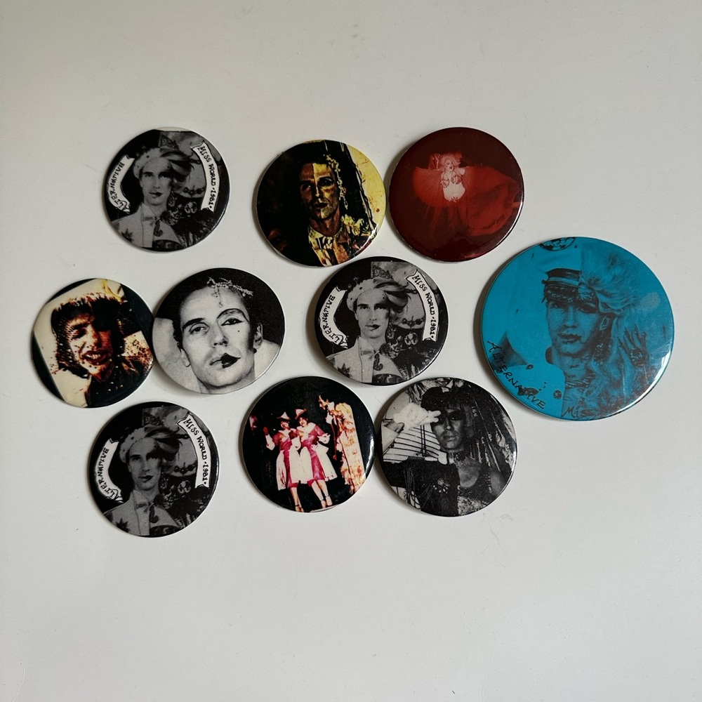 1981 Andrew Logan Alternative Miss World Drag Queen Grunge LGBTQ Pride Buttons